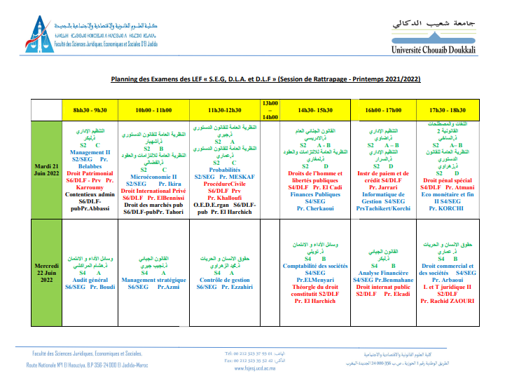 Planning des Examens 2021/2022 Session Rattrapage SEG , DLF & DLA