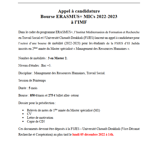 Bourse ERASMUS+ MICs 2022-2023 à l’IMF