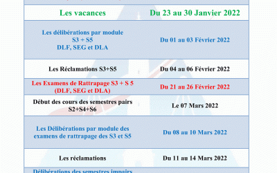 Calendrier actualisé des Cours et des Examens d’Automne 2021/2022