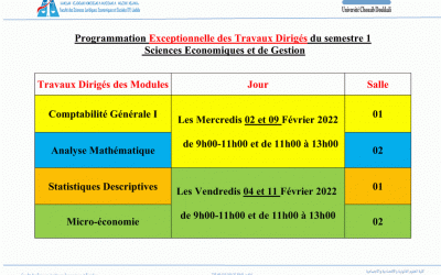 Programmation Exceptionnelle des cours et Travaux dirigés du semestre 1 sciences Economiques et de Gestion