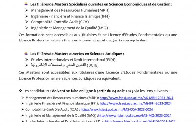 Concours d’accès aux Masters et Masters spécialisés – FSJES El Jadida Année universitaire 2023-2024