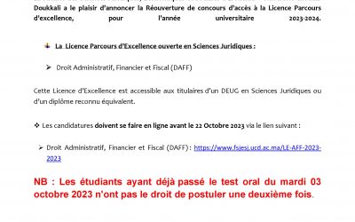 Réouverture du Concours d’accès à la Licence Parcours d’Excellence 2023-2024