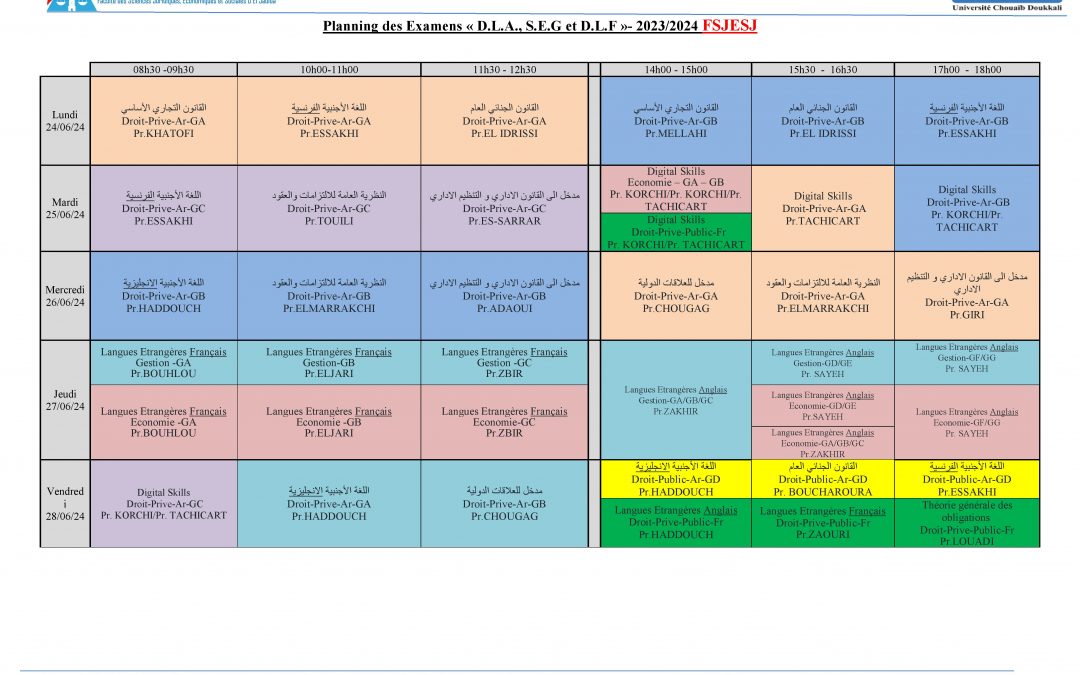 Planning des Examens 2023/2024 Session Normale S2 Nouveau Système