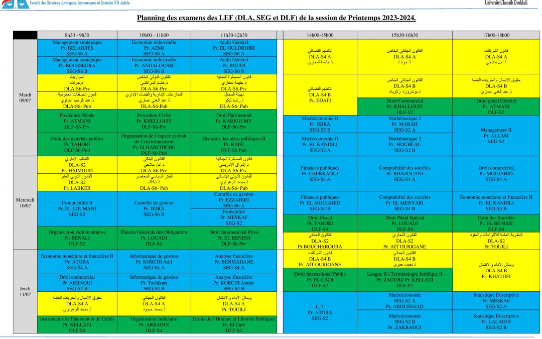 Planning des Examens 2023/2024 Session Rattrapage S2/S4/S6 Ancien Système