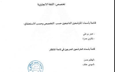 النتائج النهائية لمباراة توظيف أستاذين محاضرين دورة 28/06/2024 تخصص: اللغة الانجليزية
