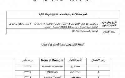 لائحة المترشحين المدعوين لاجتياز المرحلة الثانية لمباراة توظيف أستاذ محاضرتخصص: القانون الإداري باللغة العربية/ القانون المالي باللغة العربية