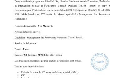 Appel à candidature Bourse ERASMUS+ MICs 2024-2025 à l’IMF RIS en France