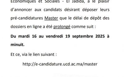 Avis de prolongation du délai de dépôt des dossiers de pré-candidature en ligne au Master 2025/2026
